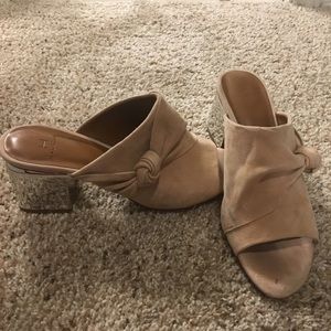 Blush suede Halston shoes with mirrored heel